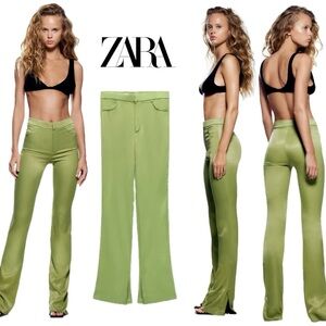 Zara green satin effect flare pants Sz S NWOT